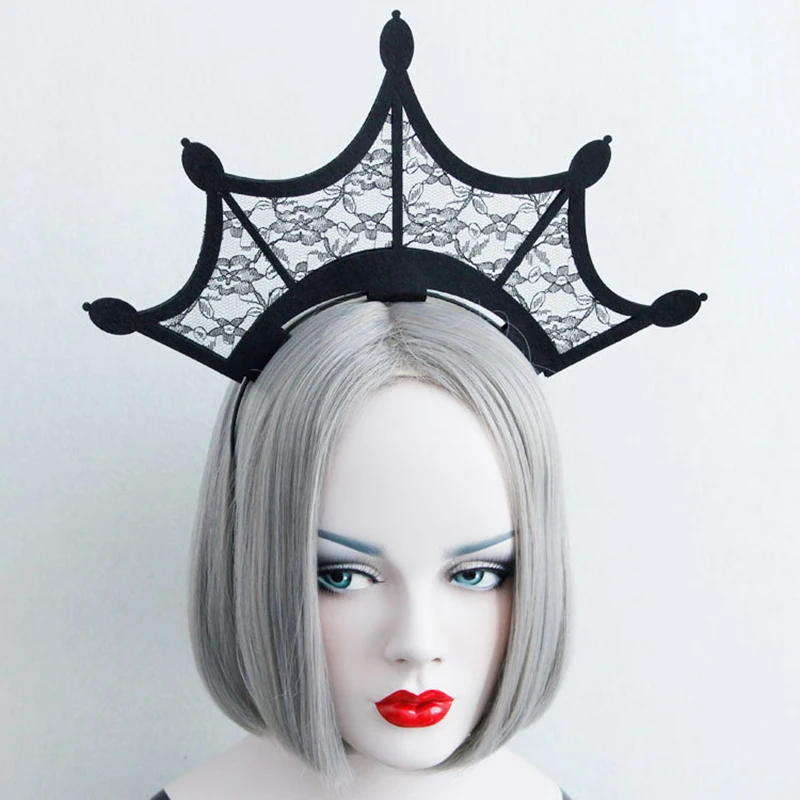 Черная кружевная корона, тиара, украшения для волос для женщин, королевская гипербола, готический головной убор, женские регулируемые повязки для косплея на Хэллоуин