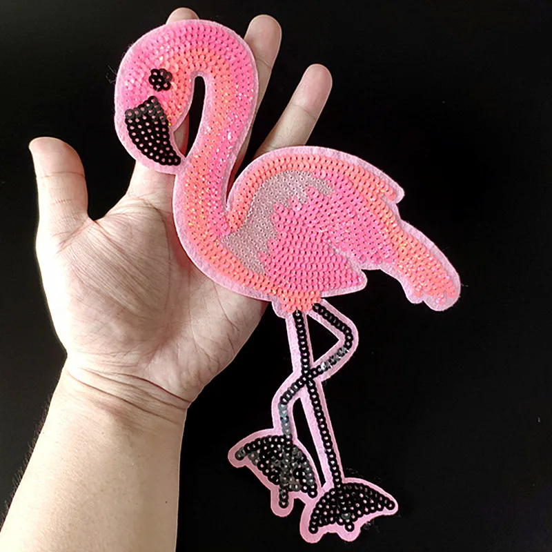 

25CM Flamingos Patches For Clothing Pink Sequins Biker Badge Embroidery Fabric Patch Sequined Clothes Stickers Strange things