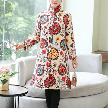 

casual women down jacket Fashion Women Round Collar Warm Retro Printing Top Long Sleeve Loose Coat#4