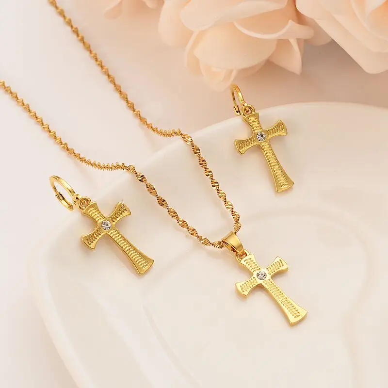 cross Necklace Earrings Set Solid Gold GF cz crystal Catholic Religious wedding bridal Jewelry Christmas birthday Gift | Украшения и