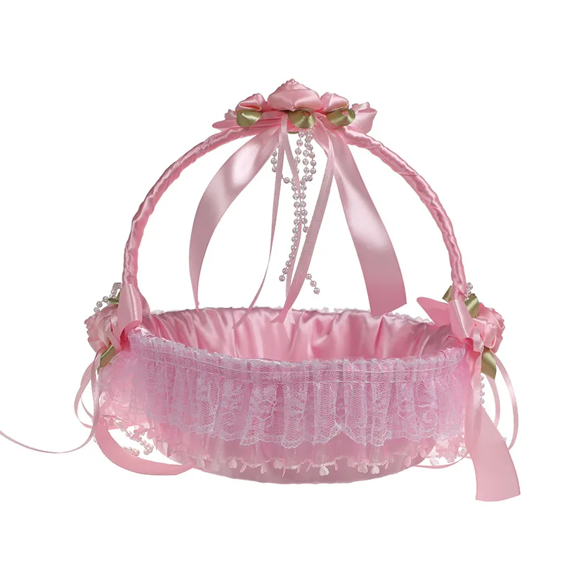 Pink Blue Flower Girl Baby Hold basket bloemenmeisje mandje Satin with Lace Wavy edge cestas de boda