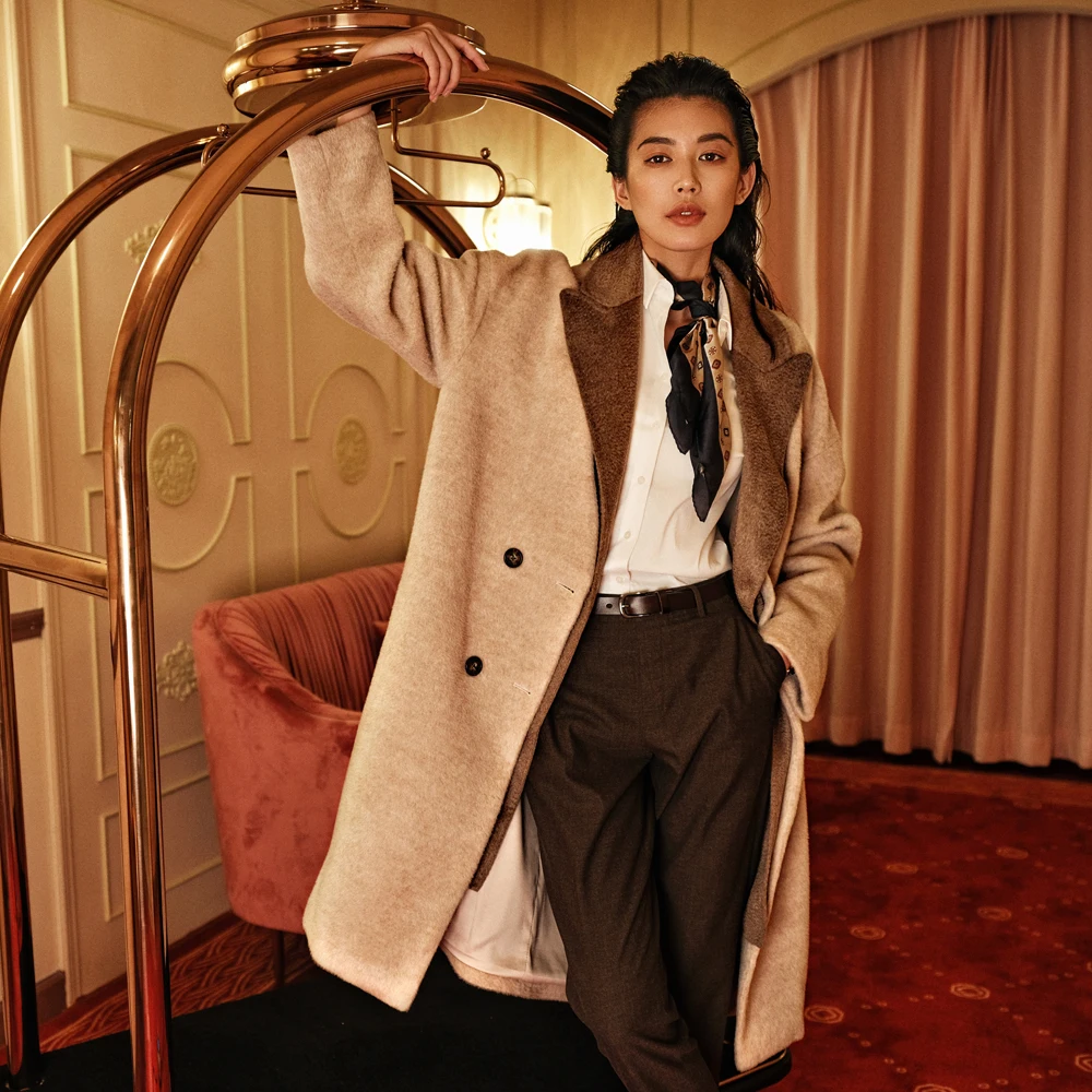 

IRINAY909 Fall Winter 2019 New Collection detachable collar long vicugna alpaca wool coat women