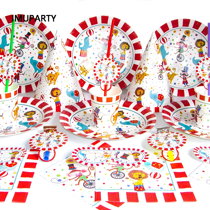 

Circus Theme Party Decorations Striped Animals Disposable Tableware Set Plate Cup Masks Kids Birthday Party Supplies Joyful