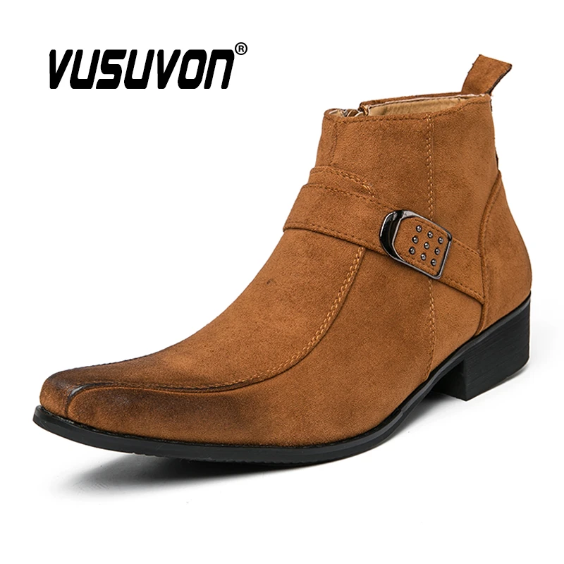 Botas de cuero de gamuza para hombre, botines de estilo Retro, formales, para boda, cómodos y con correa de en marrón, botines de vaquero de talla grande 39 45|Botas