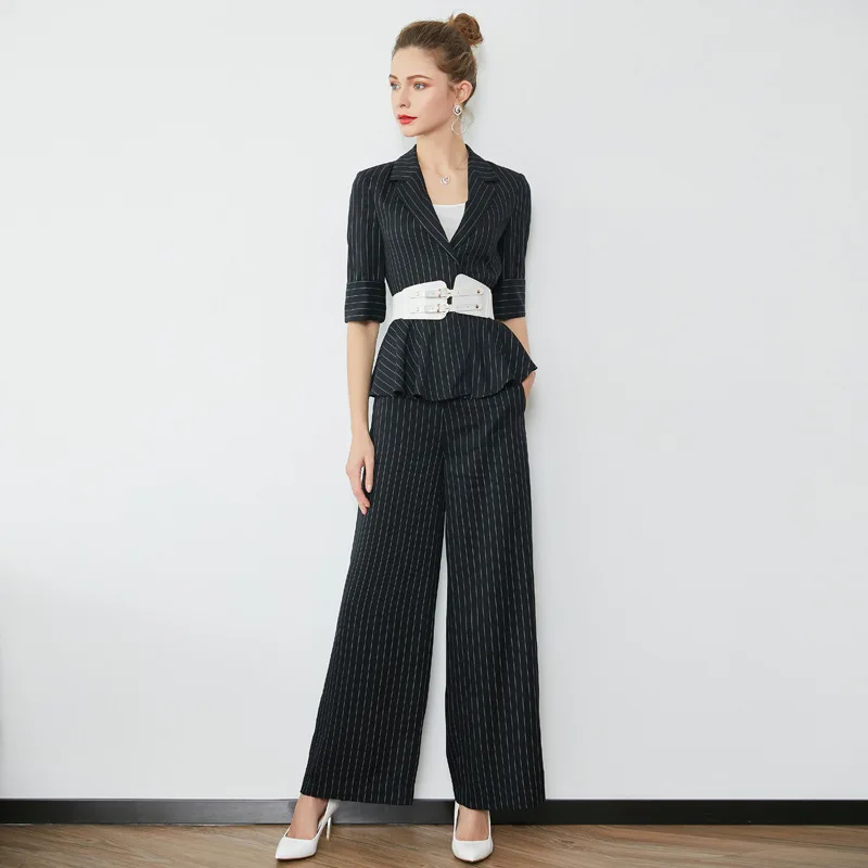 

Pant Suits Ladies Brand New Spring Summer Stripes Notched Collar Half Sleeves Small Blazer + Elegant Full Length Pants Set