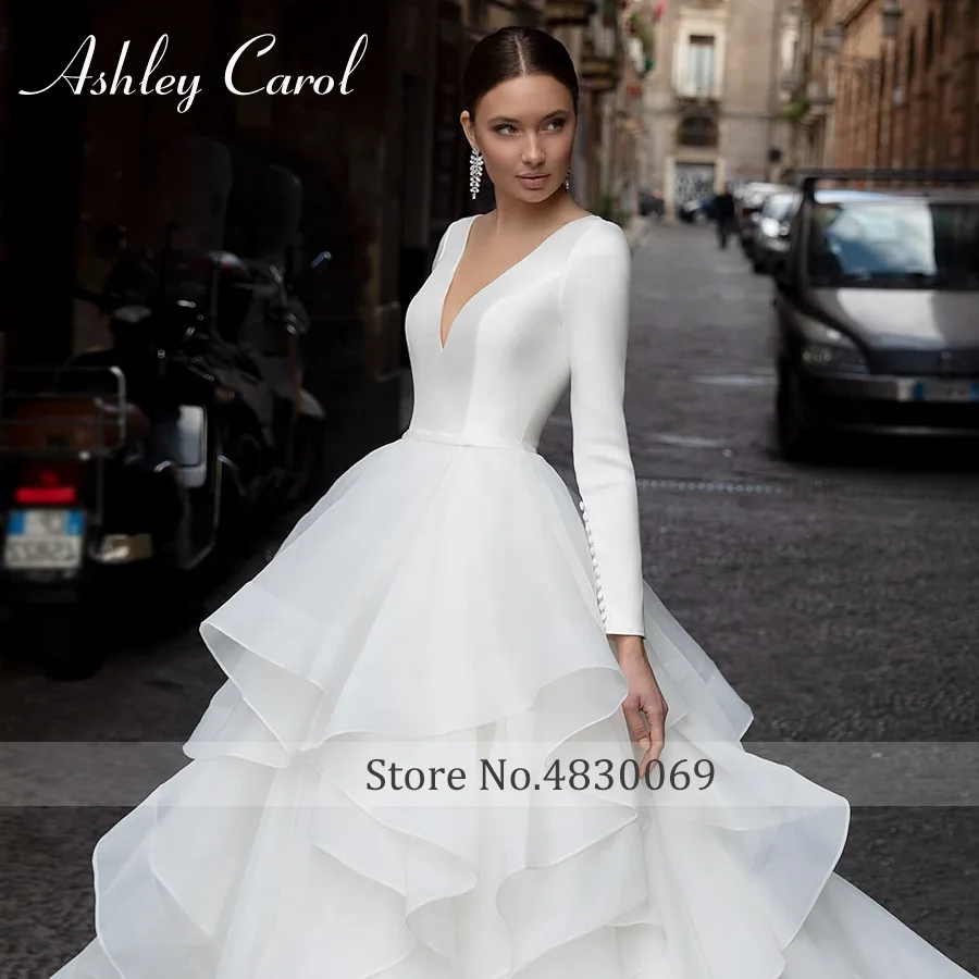 Ashley Carol Ball Gown Wedding Dresses For Women 2023 Bride Satin Deep V-Neck Ruffles Wedding Gown Customized Vestidos De Novia 3