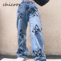Chicros feminino de cintura alta all match impresso borboleta perna larga jeans primavera e outono novo