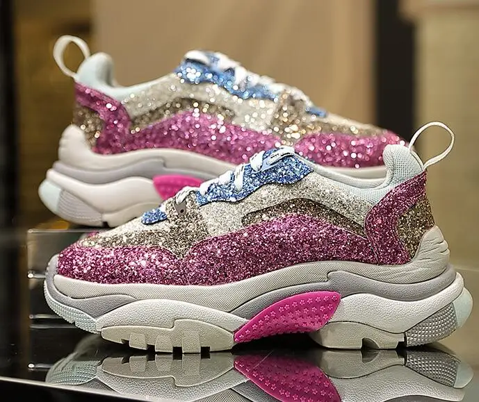 

2019 New European Sequined Cloth Women Sneakers Cross-tied Mixed Color Thick Bottom Runway Casual Shoes Woman