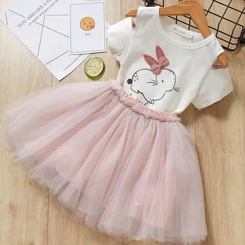 

Girls 2019 Summer New Baby Girls Clothing Sets Fashion Style Cartoon Kitten Printed T-Shirts+Net Veil Dress 2Pcs Girls Clothes