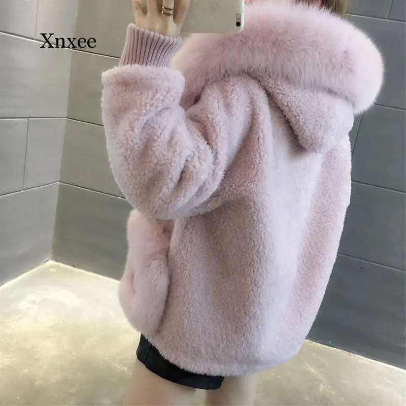 Winter Women Sheep Shearing Short Imitation Lamb Hair Furs Coat Loose Warm Faux Fox Fur Collar Hooded Fur Outerwear pink cute