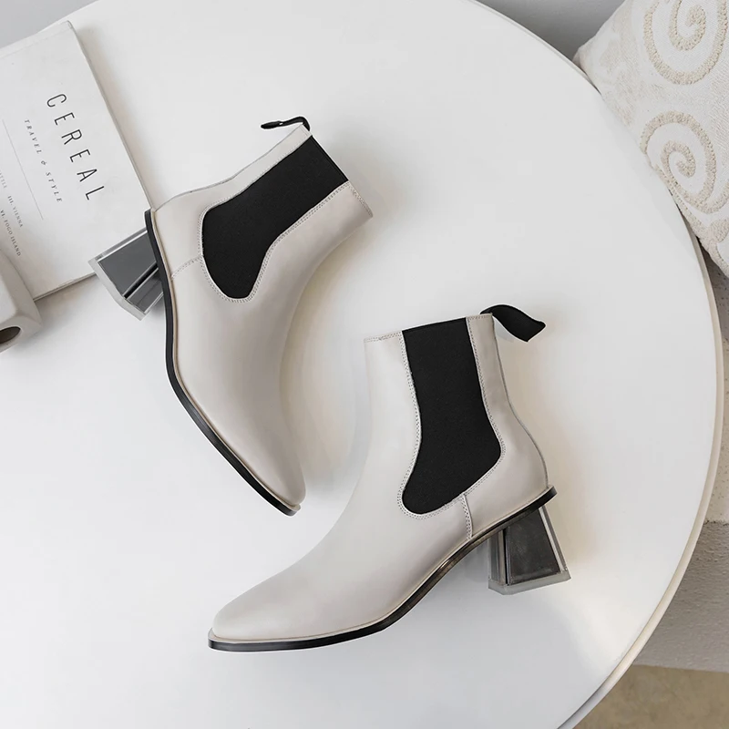 

Round Toe Women Ankle Boots Genuine Leather High Heels Shoes Woman Spring Winter Boot Woman Large Size