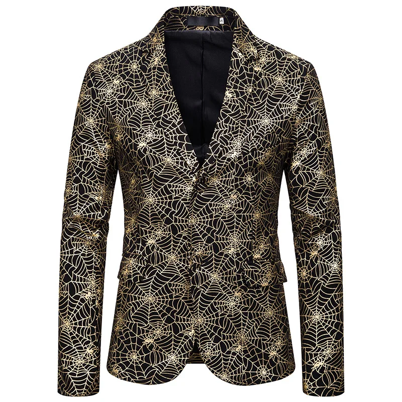 Мужской костюм, приталенный, модный, паутина, бронзовая печать, костюм, платье, пальто для выступлений, Мужской Блейзер, золотой костюм с пайетками - Цвет: Золотой