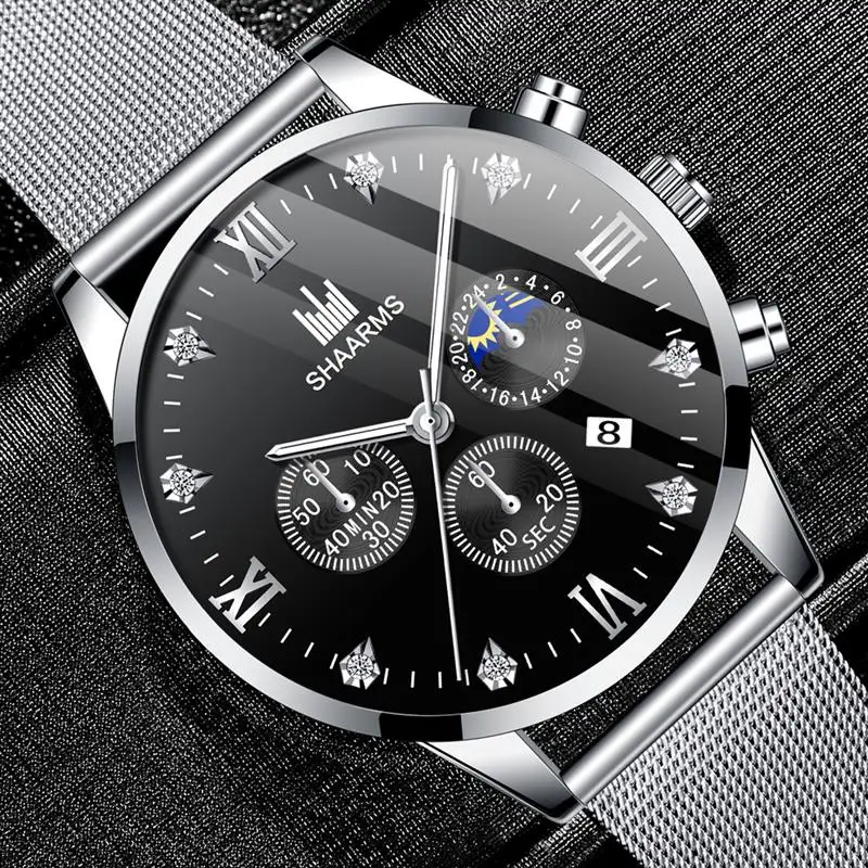 

2019 Luxury Men Watch Roman Number Diamond Clock Fashion Mesh Band Stainless Steel Quartz Wristwatch Male Business Watches