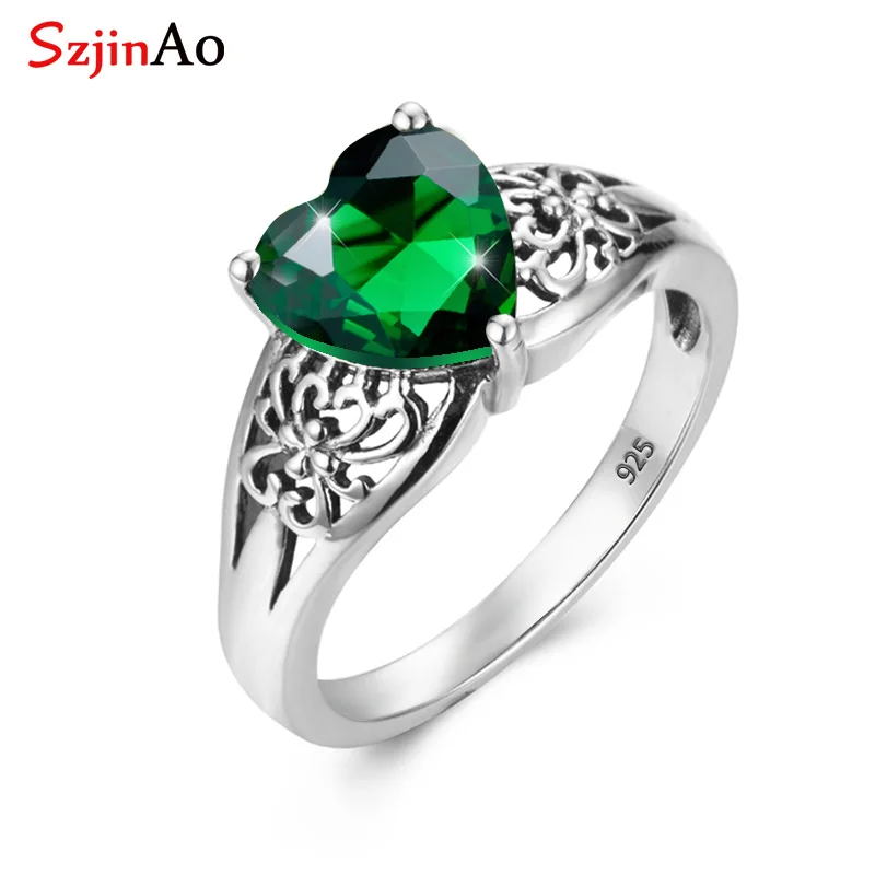 

SzjinAo Vintaga Heart Shape Solid 925 Sterling Silver Finger Rings for Women August Birthstone Brand Fine Jewelry Wedding Gift