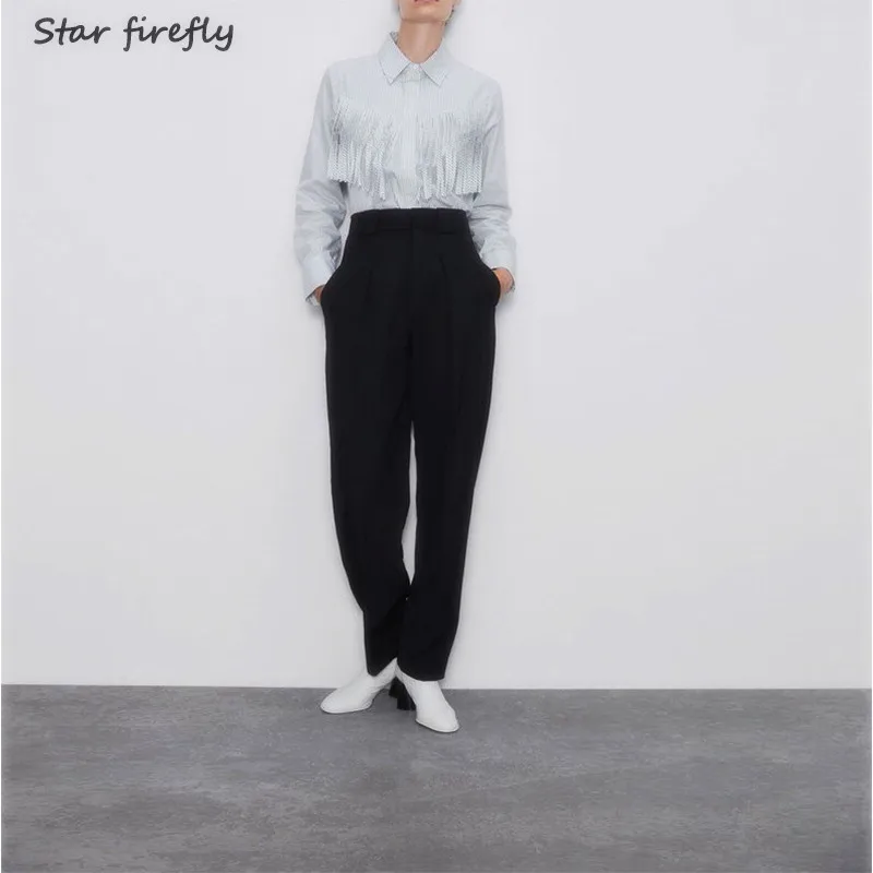 

Star firefly fashion elegant striped shirt female 2019 autumn new casual loose tassel poplin shirt women office ladies wearing