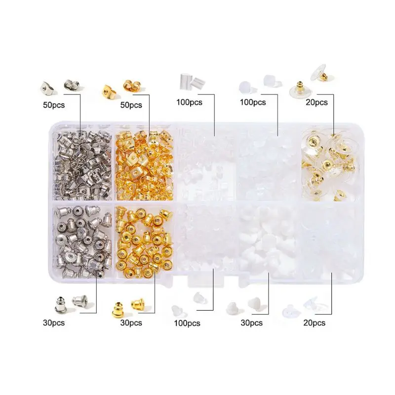 

500Pcs10 Style Silicone Metal Assorted Secure Earring Backs Box Jewelry Findings