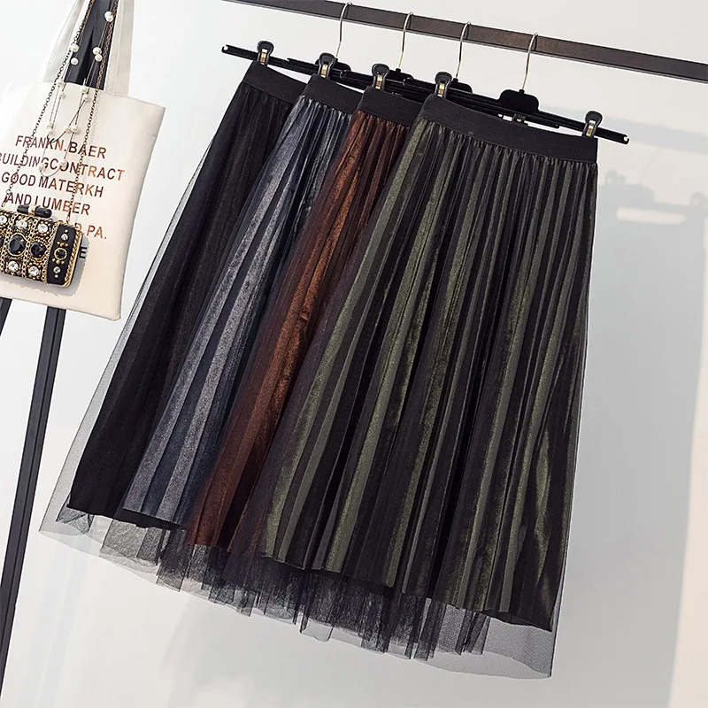 Baratos Faldas de tul de gran tamaño para mujer negro gris Primavera Verano elástico de alta cintura plisada Midi falda de tutú de Lurex longitud al tobillo