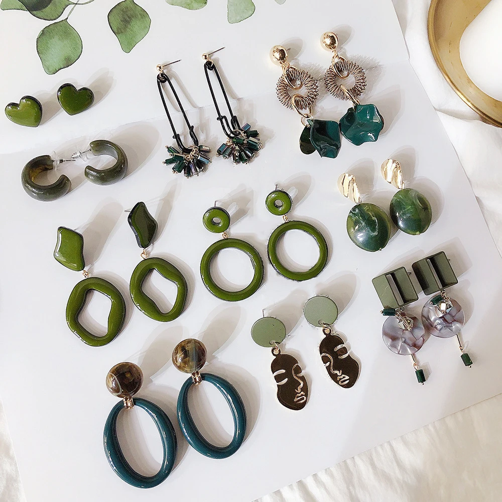 Fashion Jewelry Green Geometric Acrylic Wood Dangle Drop Earrings Women