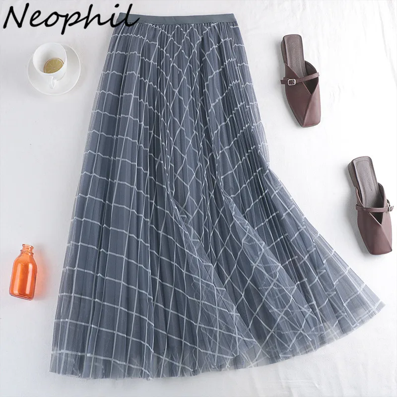 

Neophil 85cm 2023 Spring Black Plaid Pleated Mesh Tulle Long Skirts 3 Layers England Style Faldas Mujer Moda Maxi Skirt S211229