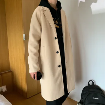 

Winter New Woolen Coat Men's Fashion Solid Color Casual British Wind Woolen Jacket Man Streetwear Versatile Loose Long Coat