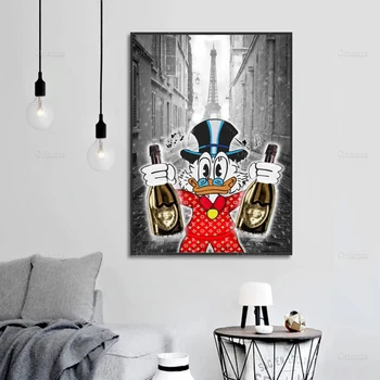 

White Ducks Hold Golden Dom Perignon Abstract Canvas Painting Poster Eiffel Tower Wall Art Modular Pictures For Bedroom Cuadros