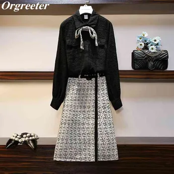 

Spring Autumn New Shirt and Tweed Skirt 2 Piece Set Women Lapel Bow Knot Black Blouse Tops and Plaid Patchwork Pencil Skirt Suit