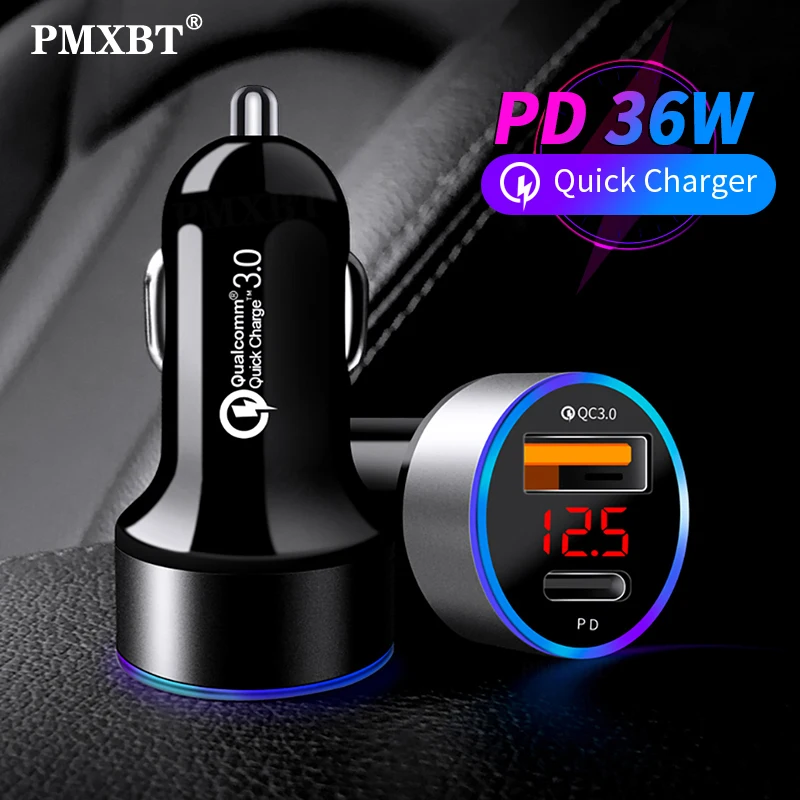 Автомобильное зарядное устройство 18 Вт USB порт + PD USBC светодиодный цифровой