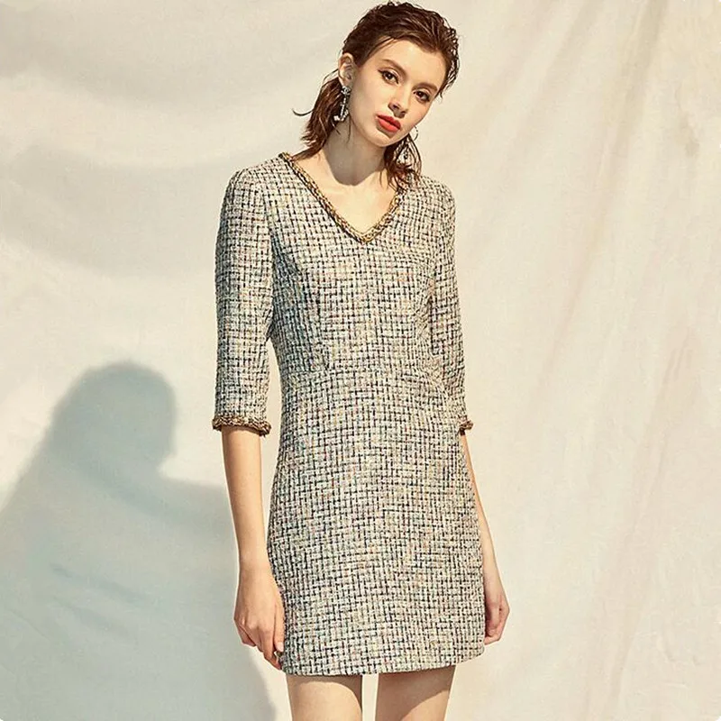 

Tweed Dress Women Wool Elegant Autumn Winter 2019 Runway High Quality Designer Ladies Office Wear Work Formal V Neck Slim Dress