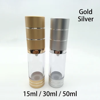 

15ml 30ml 50ml Gold Silver Plastic Airless Pump Bottle Empty Cosmetic Essential Oil Foundation Cream Containers Free Shipping