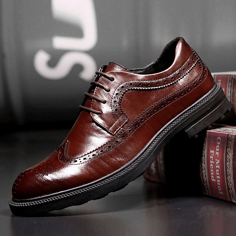 

brand men dress flats shoes genuine leather formal business pointed toe wedding shoes men's oxford flats lace up brogue shoes a4