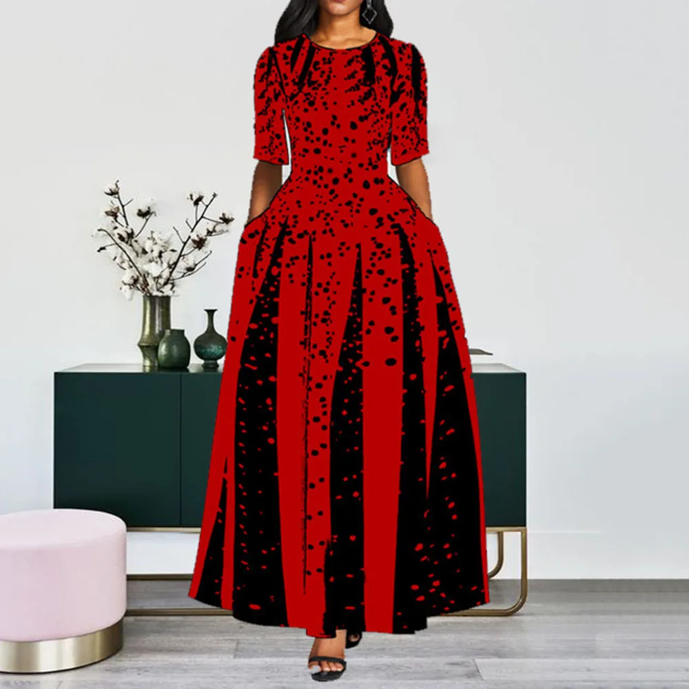

Women Red Black Color Block Summer Long Dress Plus Size Women Clothes Elegant Office Ladies Work Wear A Line Vintage Maxi Dress