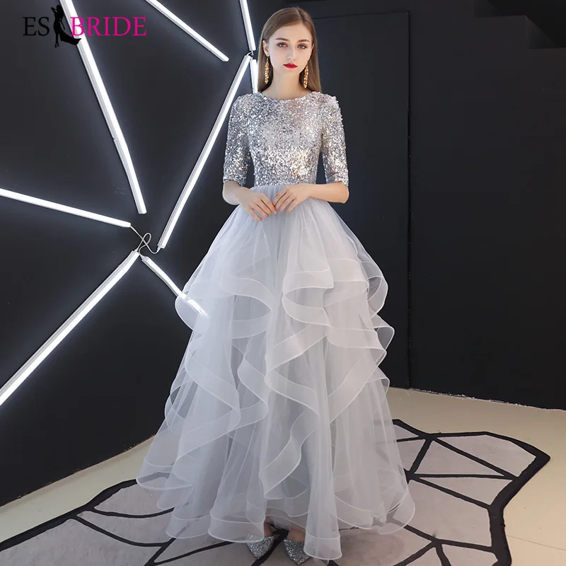 

Silver Evening Dress 2019 Real Sequins O Neck Half Sleeve Tiered Hems Evening Gowns Gray Party Dresses Robe De Soiree ES3021