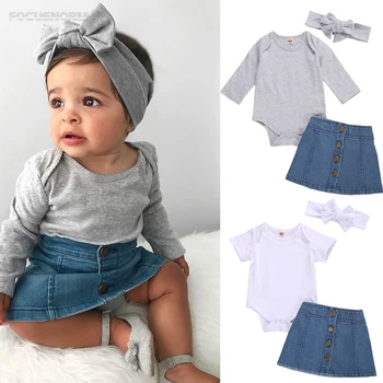 

FOCUSNORM 0-24M Autumn Baby Girls Clothes Sets 3pcs Solid Long/Short Sleeve Romper Tops Denim A-Line Skirts Headband