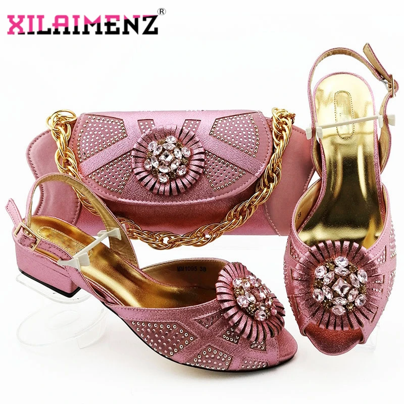 

New Arrival Classics Italian Matching Sandals and Purse Set for Wedding Woman African Shoes and Bag Set Decorated with Rhineston