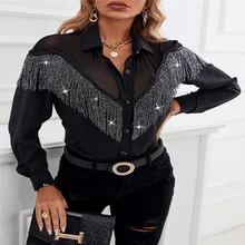 

Women's FashionTemperament Commuter Black Single-breasted Pullover Long Sleeve Tassel Solid Color Shirt Ladies Top For New Year