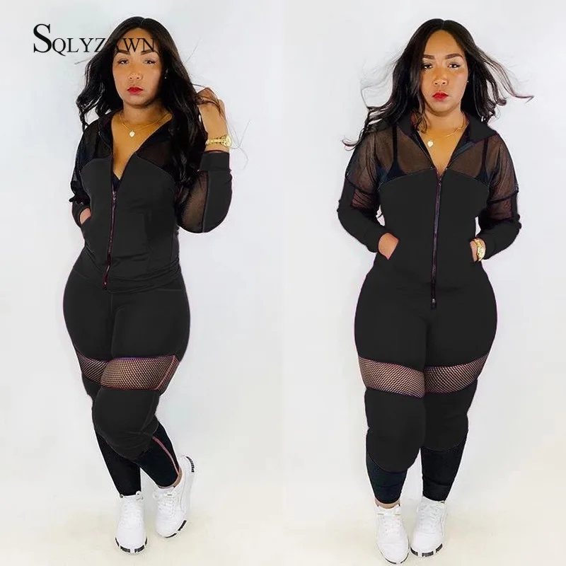 

Autumn High Elasticity Sportwear Mesh Patchwork Women Two Piece Pants Set Hooded Jacket Top Joggers Tracksuit Outfit Sweatsuit