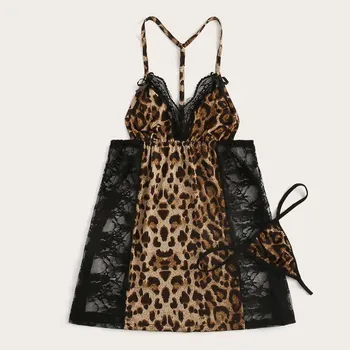 

New Sexy Women lace Leopard print Splic Nightdress With Thong Leopard Backless Sexy Underwear Lenceria Mujer Drop shipping #1738