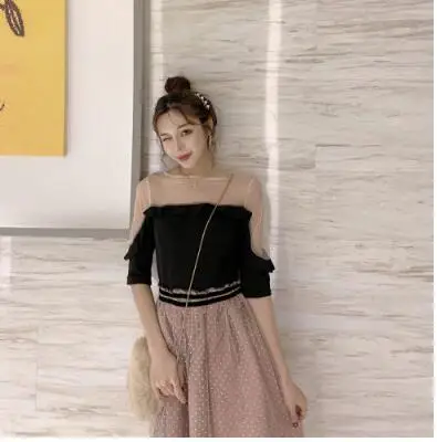 Новое летнее модное Сетчатое лоскутное платье с открытыми плечами и круглым вырезом, шикарное короткое элегантное сексуальное ретро платье с высокой талией