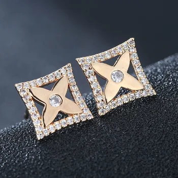 

European and American simple temperament ladies sweet square flower zircon copper earrings hot explosion earrings