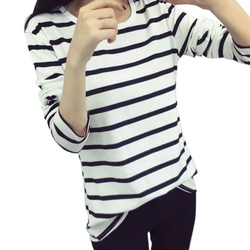 harajuku футболка женская с круглым вырезом в полоску с длинным рукавом футболки для женщин тонкий дикий черный белый футболка плюс размер Топ