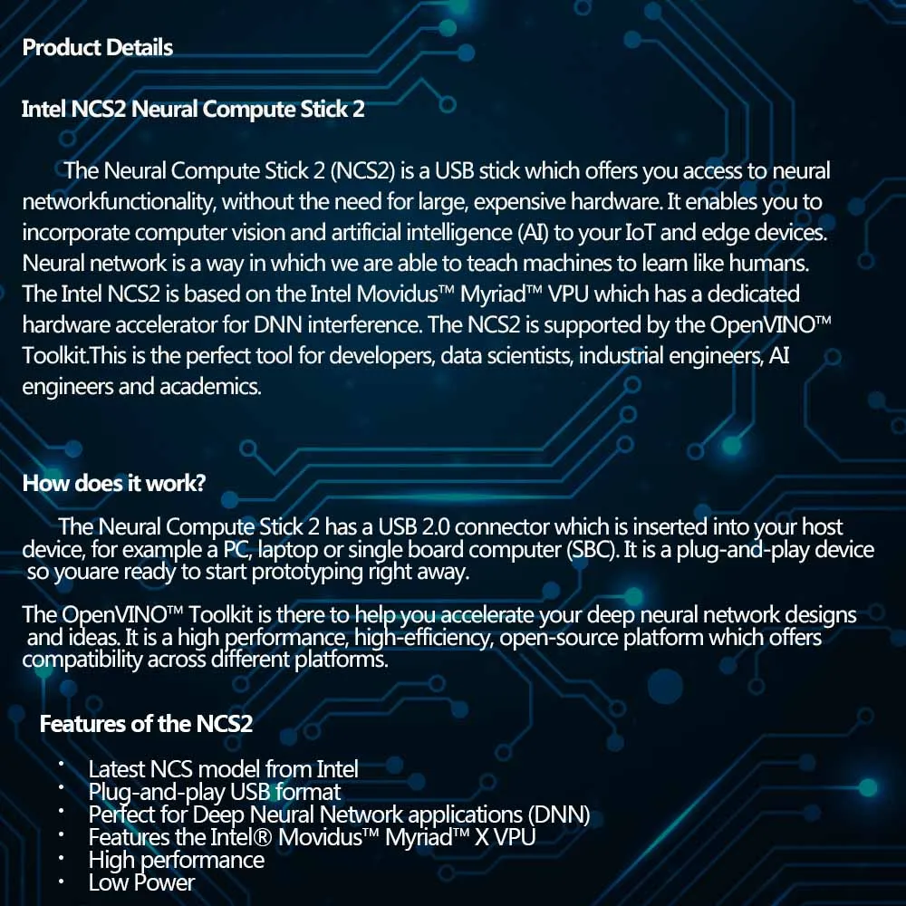 Intel NCS2 Movidius Neural Compute Stick 2 for Deep Neural Network Applications (DNN). Description Image.