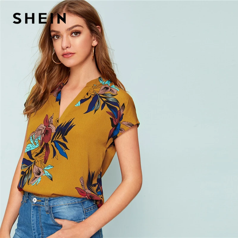 SHEIN желтый v-образный вырез цветочный принт зубчатый блузки женские топы и блузки летние повседневные с коротким рукавом Boho Блузка Женская Топ