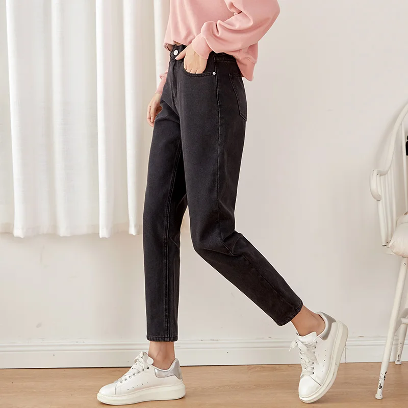 LEIJIJEANS, новинка, большие размеры, Женские повседневные свободные черные джинсовые брюки от Harlan, плюс бархатные теплые модные женские джинсы с высокой талией