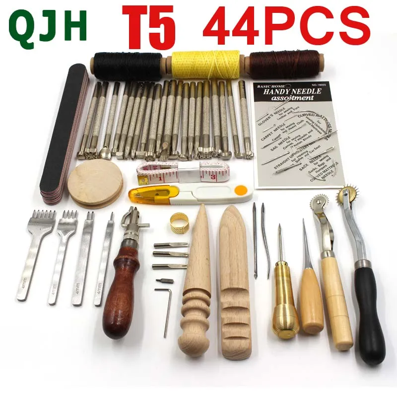 QJH Professional Handmade Leather Craft Tools Kit Thread Awl Waxed Thimble Kit For Hand Stitching Sewing Stamping DIY Tool Set