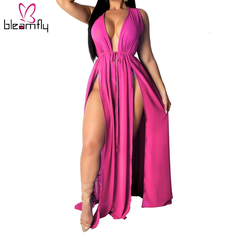 

Yellow Blue Summer Sexy Women Chiffon See-Through Bikini Long Cover Up Swimsuit Solid Swimwear Beach Dress Bathing Suit