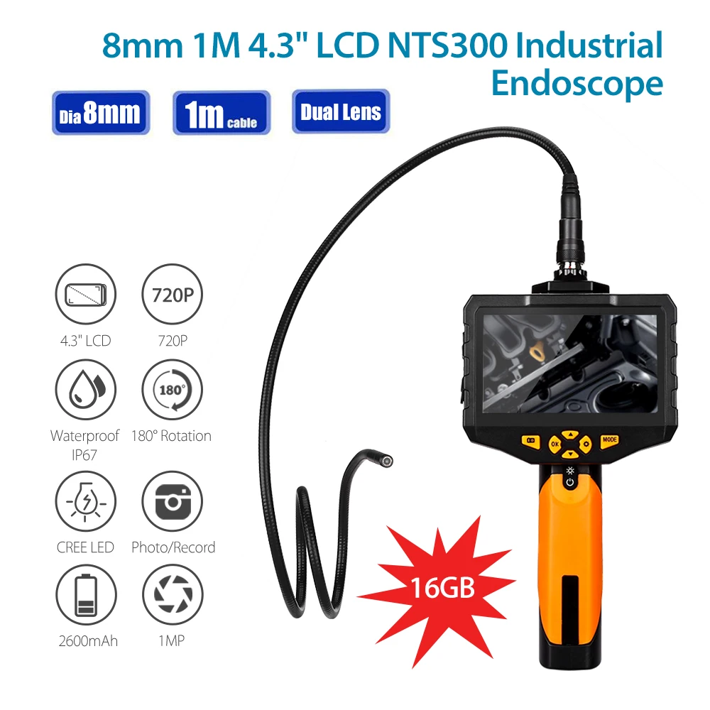 

EYOYO NTS300 3M 8mm Endoscope Dual Camera Lens Flexible IP67 Waterproof Inspection Borescope Cameras 6LEDs Oil-proof Snake Cam