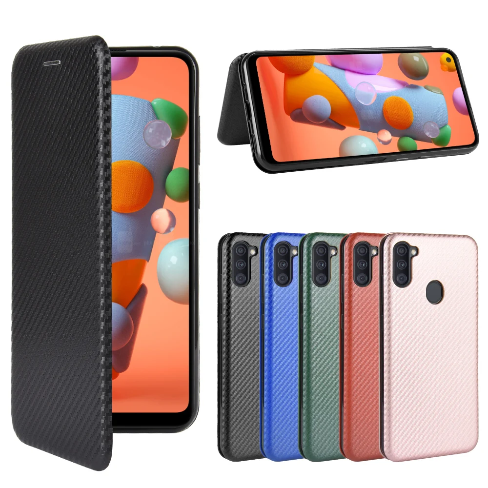 For Samsung Galaxy A11 Case 6.4 inch Carbon Fiber Flip Leather Case For Samsung A11 A 11 A115F Cover