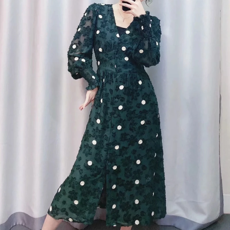 Dot Embroidery Jacquard Chiffon V Neck Women Midi Dress Autumn Leisure Lady Long Sleeve Loose Dresses D3698