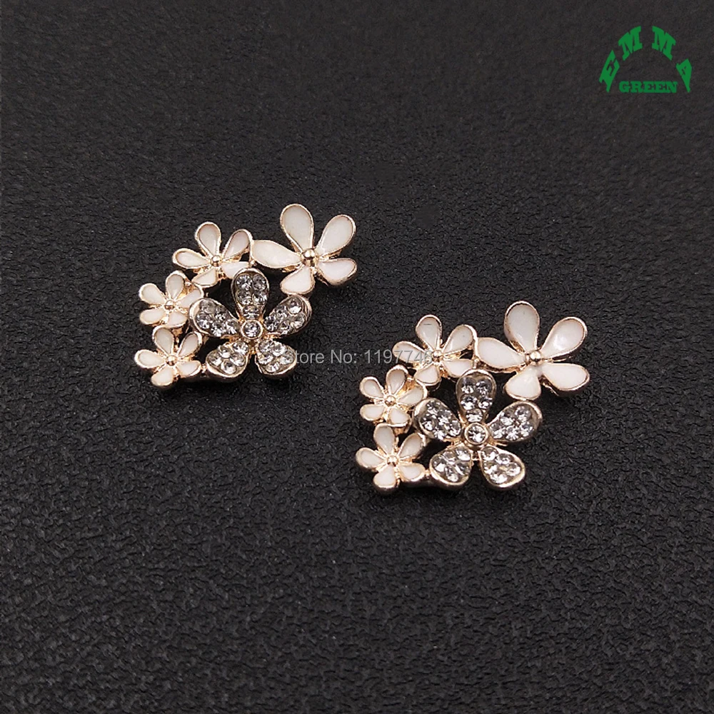 Flower Rhinestone Embellishments 10pcs Cluster White Enamel Buttons Gold Flatbacks for nail art Decorations