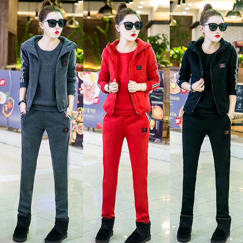 Autumn and winter new Fashion women suit women's tracksuits casual set with a hood fleece sweatshirt three pieces set
